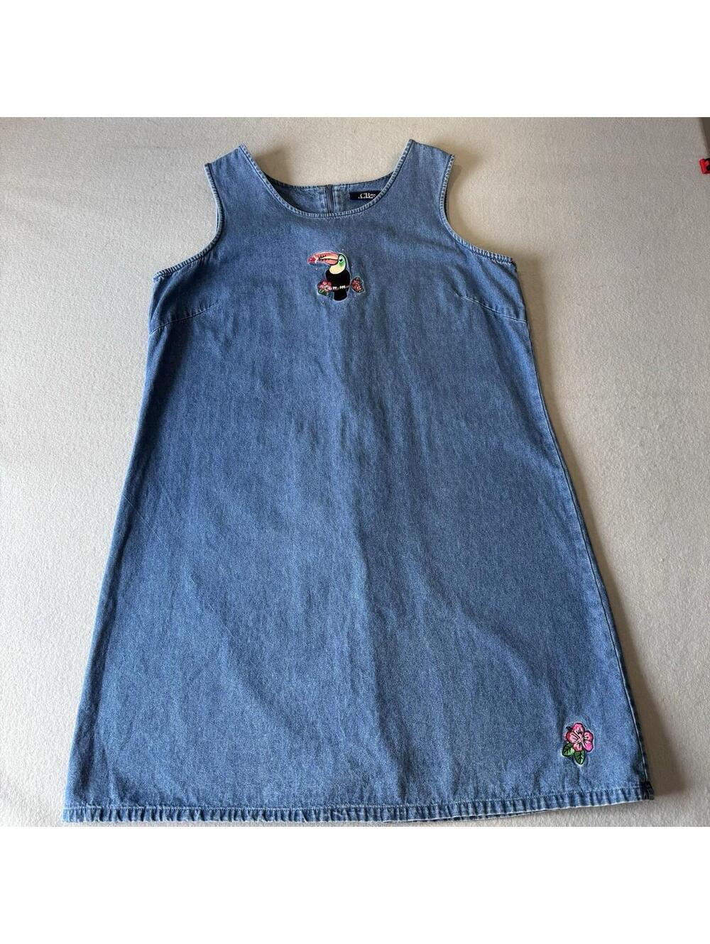 CB Casual CB Plus Sleeveless Denim Dress with Toucan Women’s Size 1X  Grannycore